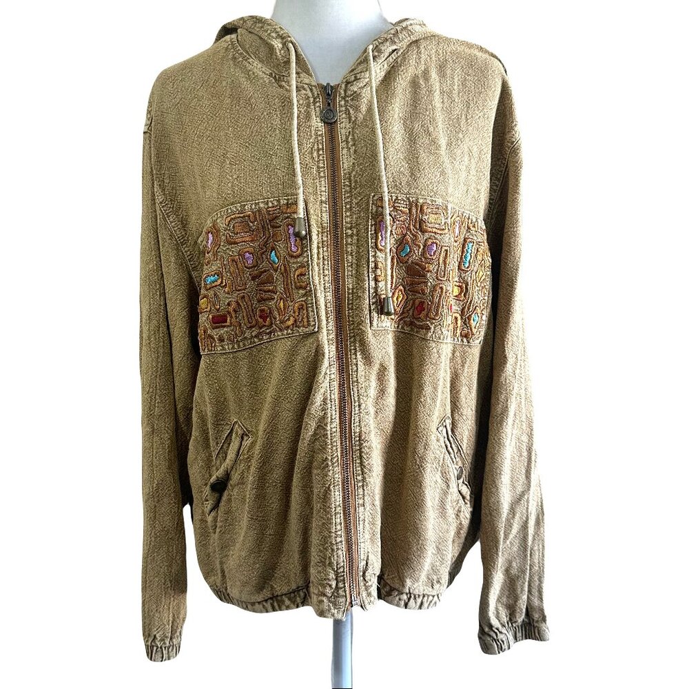 Vintage Y2K Boho Tan Camel 100% Cotton Embroidered Full Zip Hoodie